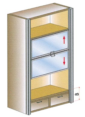 Der Vertikal-Schiebetürbeschlag Beta-Synchro von Häfele öffnet und schließt zwei Schiebetüren synchron und ohne Verkanten.